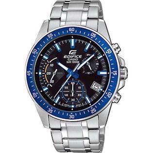 Casio herreur i rustfrit stål, sort urskive, blå detaljer, chronograph og datovisning.